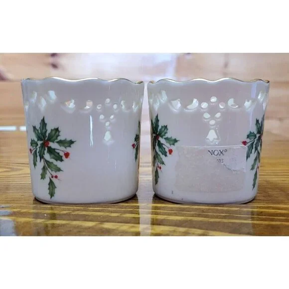 Lenox Holiday Pierced Votives 2 with candles Open Box - Picture 4 of 10